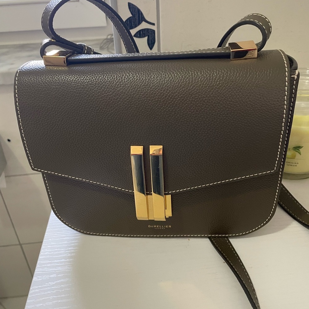 DeMellier Vancouver Olive Small Grain and Ecru Stitching Crossbody Bag